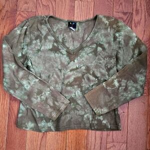 Vintage Green & Brown V-Neck Tie Dye Long Sleeve Top (Size M)